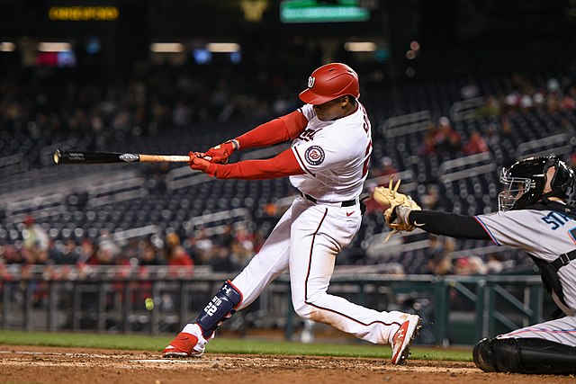 Juan Soto swings a bat during an MLB baseball game on July 21, 2022