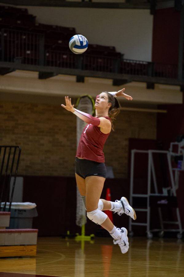 WSU outside hitter Pia Timmer serves the ball during a scrimmage for season ticket holders, Aug. 20, at Bohler Gymnasium.