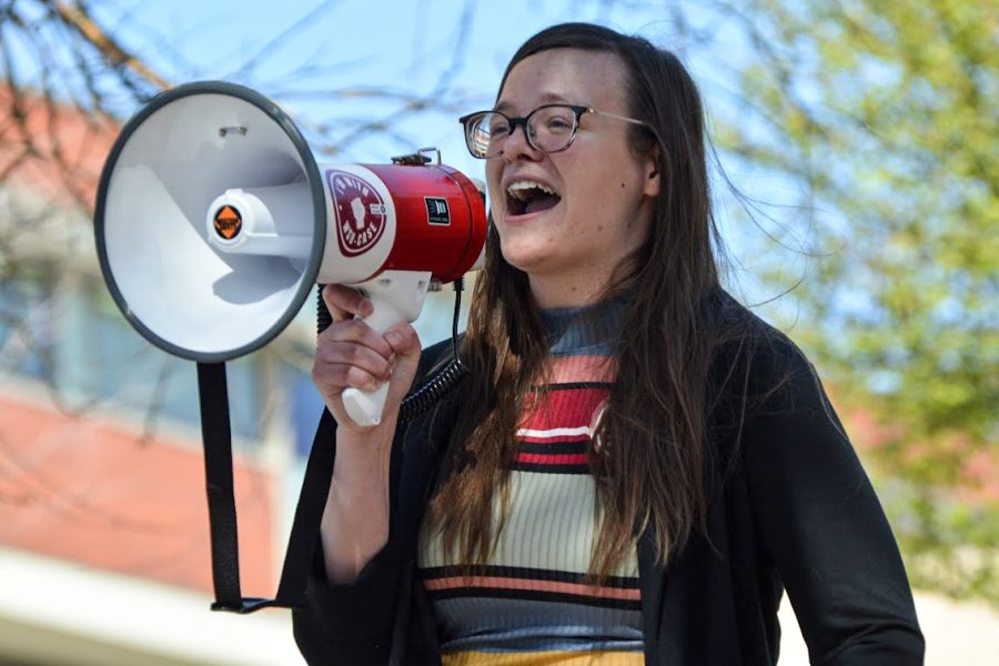 Grad student Jocelyn McKinnon-Crowley makes an impassioned speech for a grad student union at a rally on May 4.