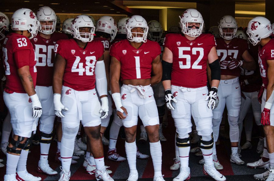 WSU football players prepare to enter the field before the second half of an NCAA football game against Colorado State, Sep. 17.