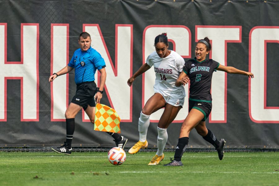 WSU forward Margie Detrizio dribbles downfield during an NCAA womens soccer game against Cal Poly, Sep. 11, at Lower Soccer Field.