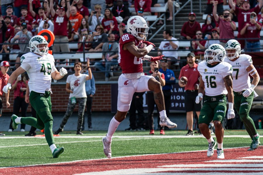 WSU wide receiver DeZhaun Stribling (88) jumps into the endzone for a touchdown during an NCAA football game against Colorado State, Sep. 17.