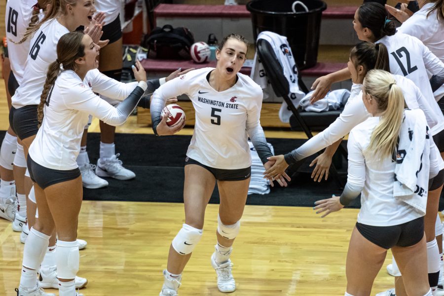 WSU+outside+hitter+Laura+Jansen+runs+onto+the+court+during+her+introduction+before+an+NCAA+womens+volleyball+match+against+California+Baptist%2C+Sept.+1%2C+at+Bohler+Gymnasium.