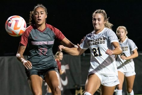 WSU midfielder Mackenzie Frimpong-Ellertson battles Northern Colorado forward Melina Faris during an NCAA womens soccer match, Sep. 15.