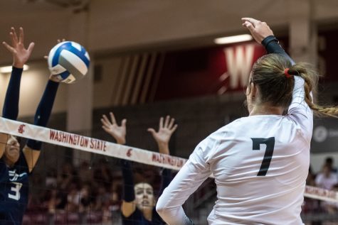 WSU outside hitter Pia Timmer spikes the ball during an NCAA womens volleyball match against California Baptist, Sept. 1, at Bohler Gymnasium.