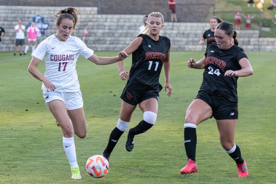WSU forward Lily Boyden dribbles downfield during an NCAA womens soccer match against Denver, Sep. 5, at Lower Soccer Field.