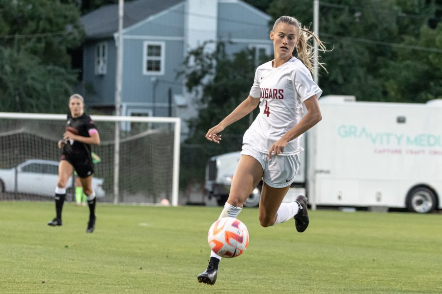 WSU forward Grayson Lynch dribbles downfield during an NCAA womens soccer match against Denver, Sep. 4, at Lower Soccer Field.