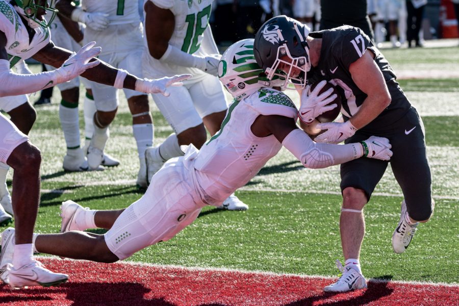 WSU wide receiver Robert Ferrel runs into the end zone for a touchdown during an NCAA college football game against Oregon, Sep. 24.