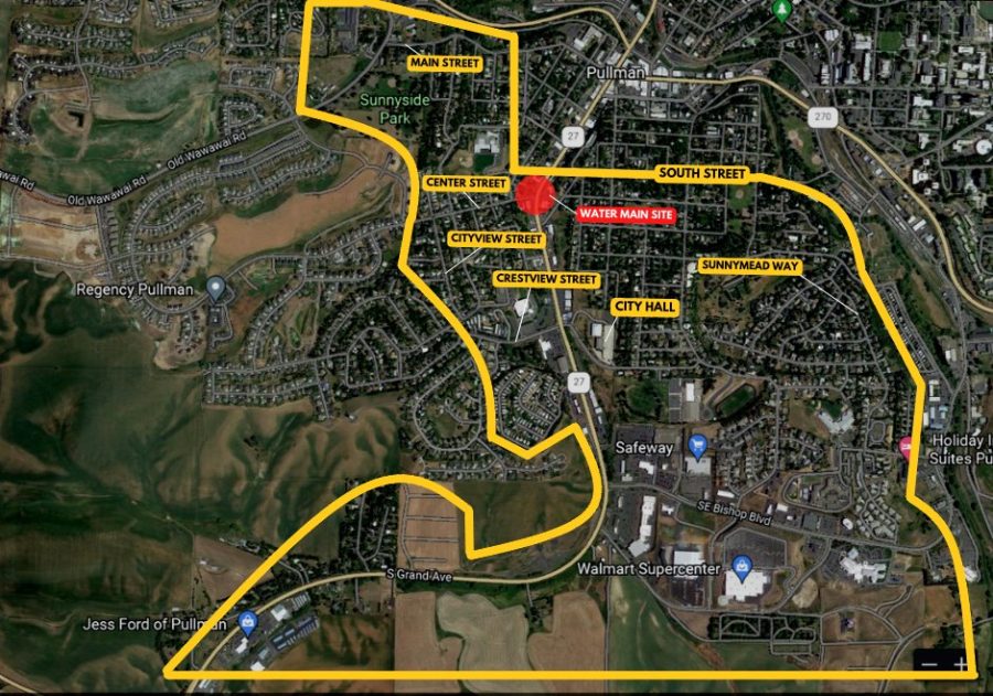 The City of Pullman said residents within the yellow area may need to boil their water until Tuesday although the map is an estimate, not an exact representation of the main water breaks impact. 