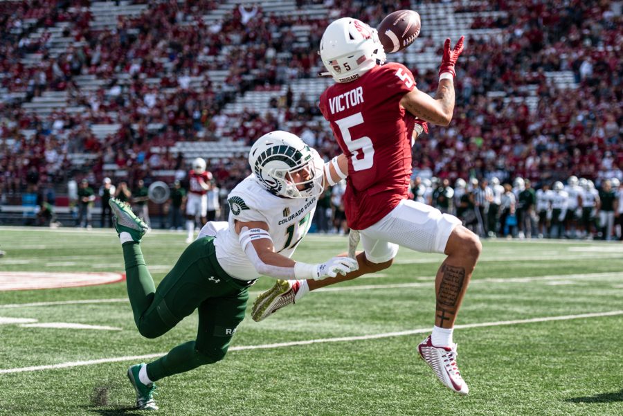 WSU wide receiver Lincoln Victor jumps for a pass during an NCAA football game against Colorado State, Sep. 17, 2022. 