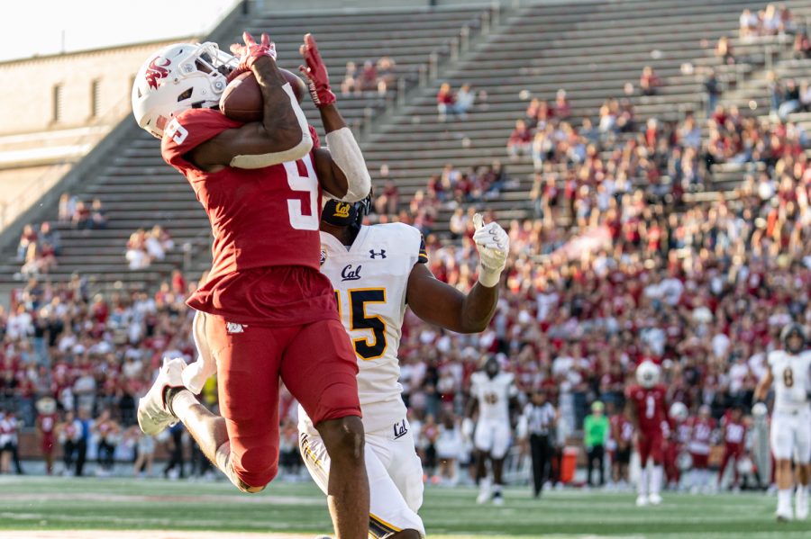 WSU wide receiver Renard Bell catches a touchdown pass from quarterback Cameron Ward during an NCAA football game against California, Oct. 1.