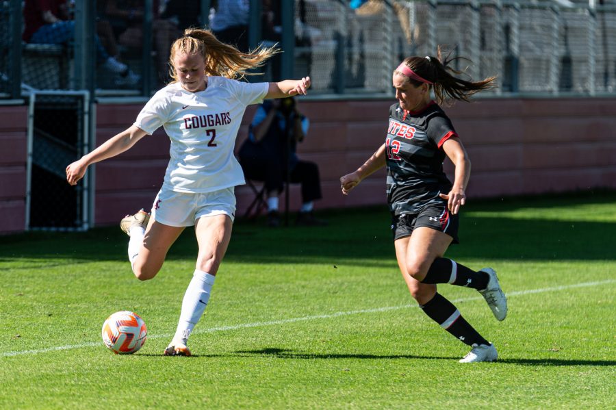 WSU defender Reese Tappan passes the ball during an NCAA womens soccer match against Utah, Oct. 2.