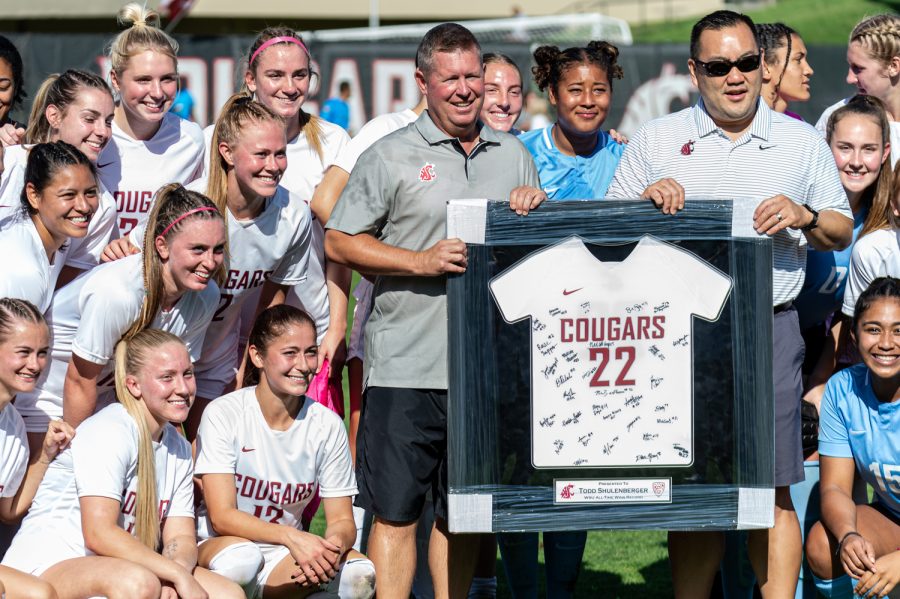 The WSU womens soccer team celebrates head coach Todd Shulenbergers 89th career victory after defeating Utah 1-0, Oct. 2.