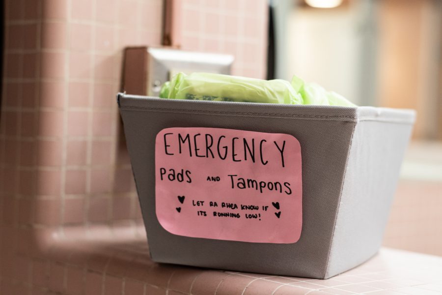 Free menstrual products rest in Regents Hall, Oct. 14.