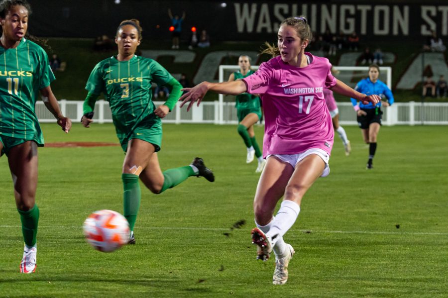 WSU forward Lily Boyden shoots on goal during an NCAA womens soccer match against Oregon, Oct. 14.