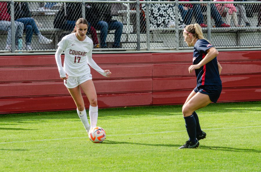 WSU forward Lily Boyden dribbles the ball during an NCAA soccer match against Arizona, Oct. 23.