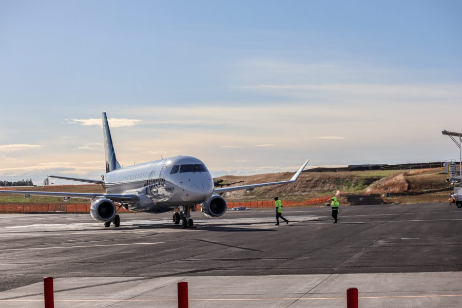 An Alaska Airlines jet rests on the tarmac of Pullman-Moscow Regional Airport, Nov. 6.