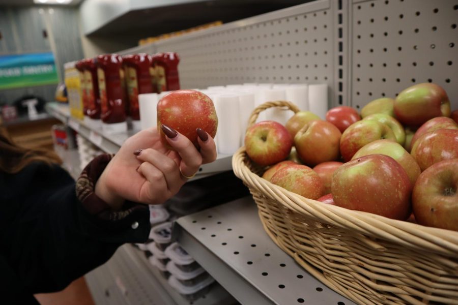 Student picks up a Cougar Food Pantry apple, Nov. 9.