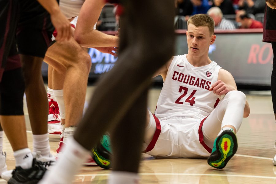 WSU+guard+Justin+Powell+gets+up+after+being+fouled+during+an+NCAA+mens+basketball+game+against+Texas+State%2C+Nov.+7.