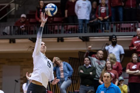 WSU middle blocker Magda Jehlarova serves the ball during an NCAA volleyball match against Utah, Nov. 18.