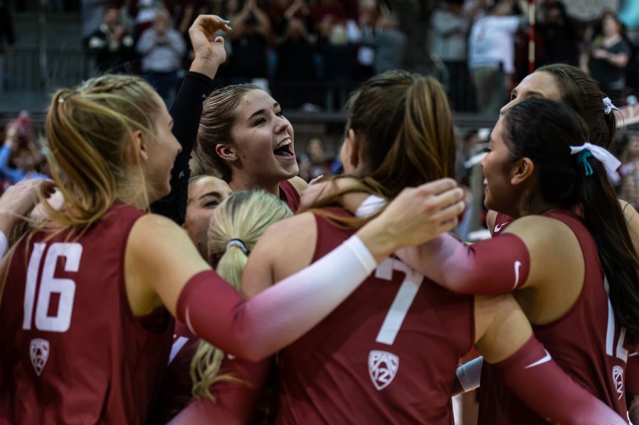 WSU+volleyball+players+celebrate+after+sweeping+UW%2C+Nov.+25.