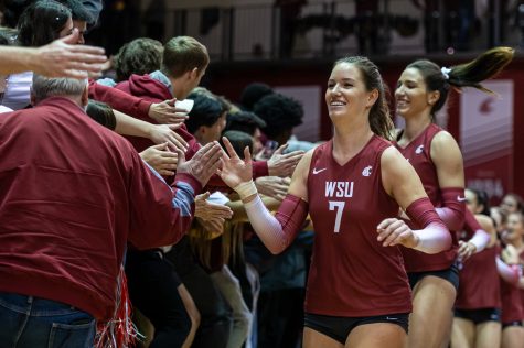 WSU volleyball players high-five fans after sweeping UW, Nov. 25.