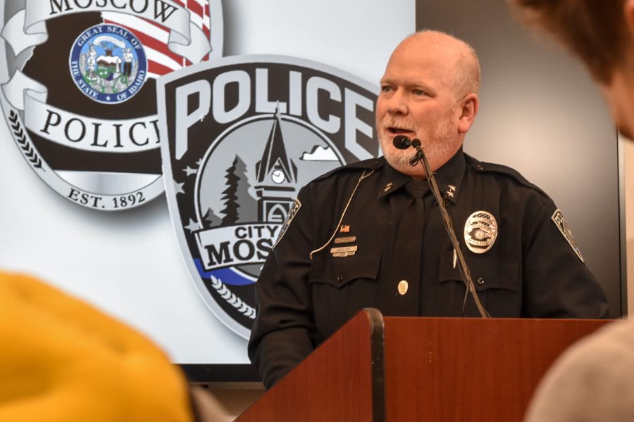 Moscow PD Chief James Fry answering reporter questions at the Moscow PD press conference, Nov.16. 