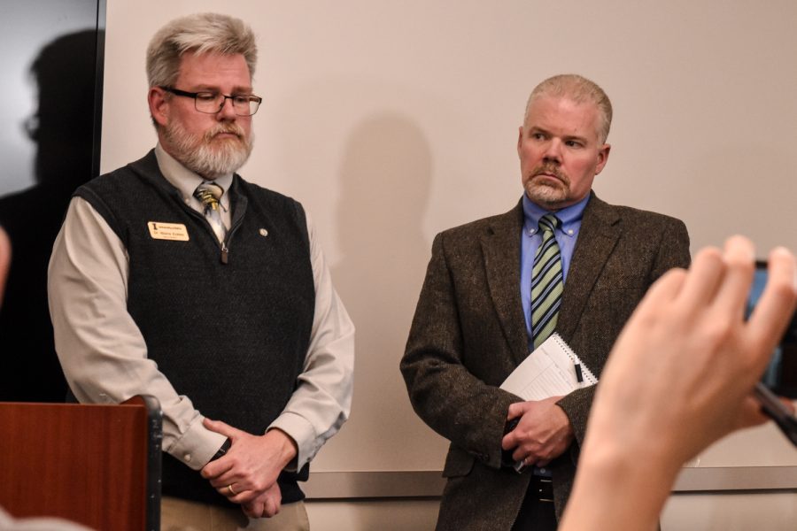Blaine Eckles (left) and Torrey Lawrence, Provost and Executive Vice President of the University of Idaho (right) at the Moscow PD press conference, Nov.16. 