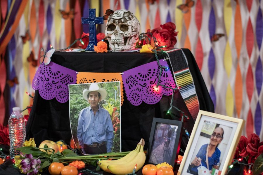 Candles, sugar skulls and lights decorate an altar meant to honor deceased loved ones, Nov. 2. 