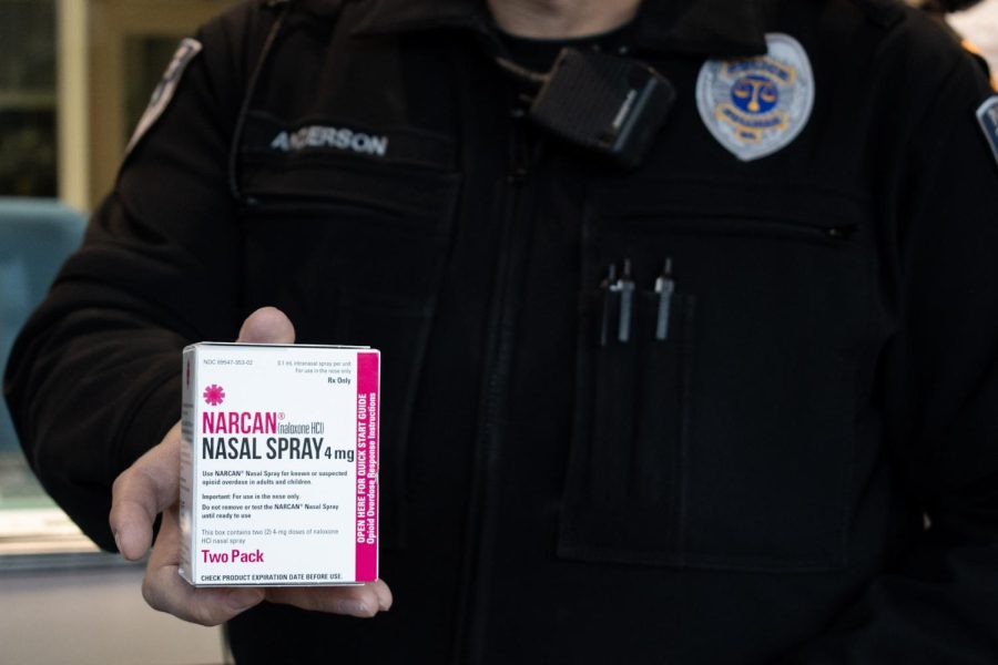 Pullman+Police+Officer+Doug+Anderson+holds+a+box+of+Narcan%2C+a+nasal+spray+used+for+people+who+have+overdosed+on+drugs%2C+Nov.+2nd.
