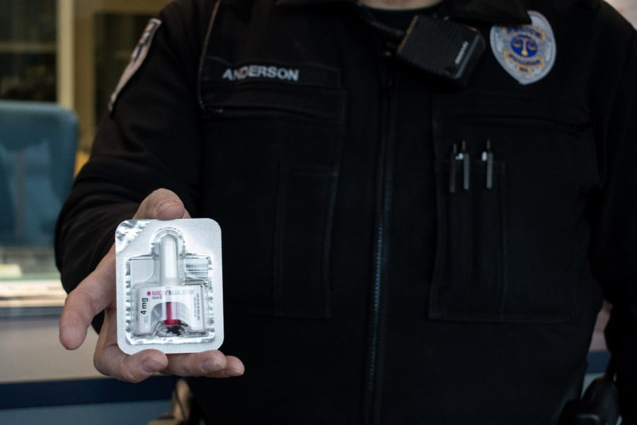 Officer Doug Anderson of the Pullman Police Department holds Narcan, a nasal spray used for people who have overdosed on drugs, Nov. 2nd.