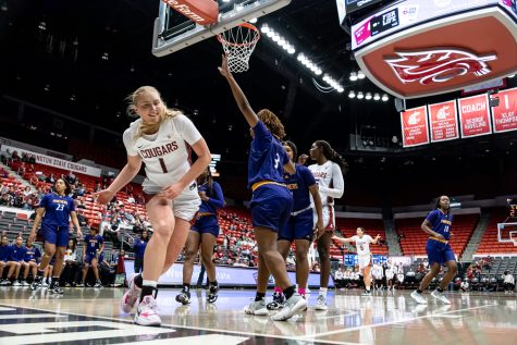 WSU guard Tara Wallack stumbles after being fouled during an NCAA womens basketball game against Prairie View A&M, Nov. 13.