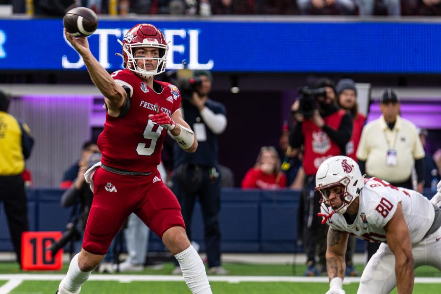 Fresno State quarterback Jake Haener throws a pass during the 2022 Jimmy Kimmel LA Bowl, Dec. 17, in Los Angeles.