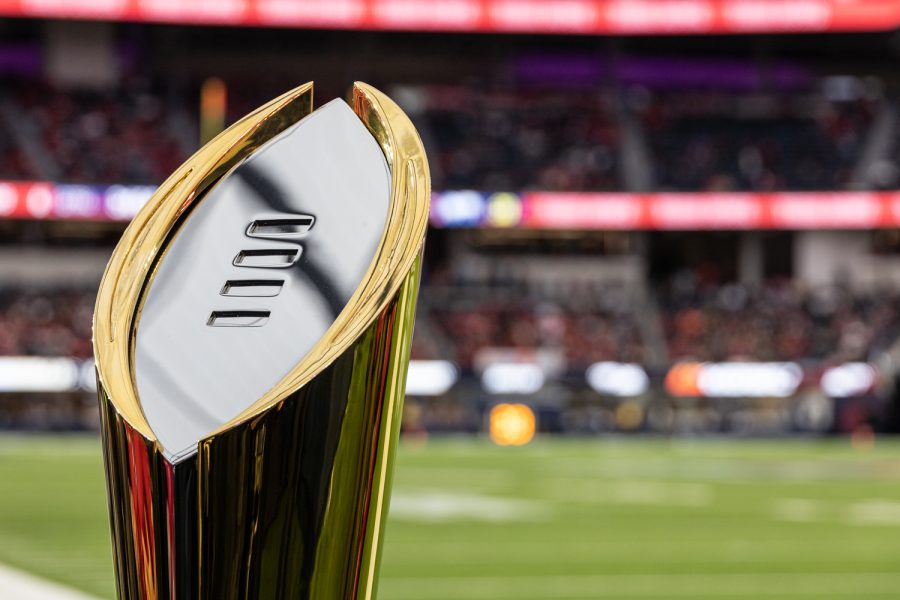 SoFi Stadium showcases the College Football Playoff trophy during the 2022 Jimmy Kimmel LA Bowl, Dec. 17, in Los Angeles.