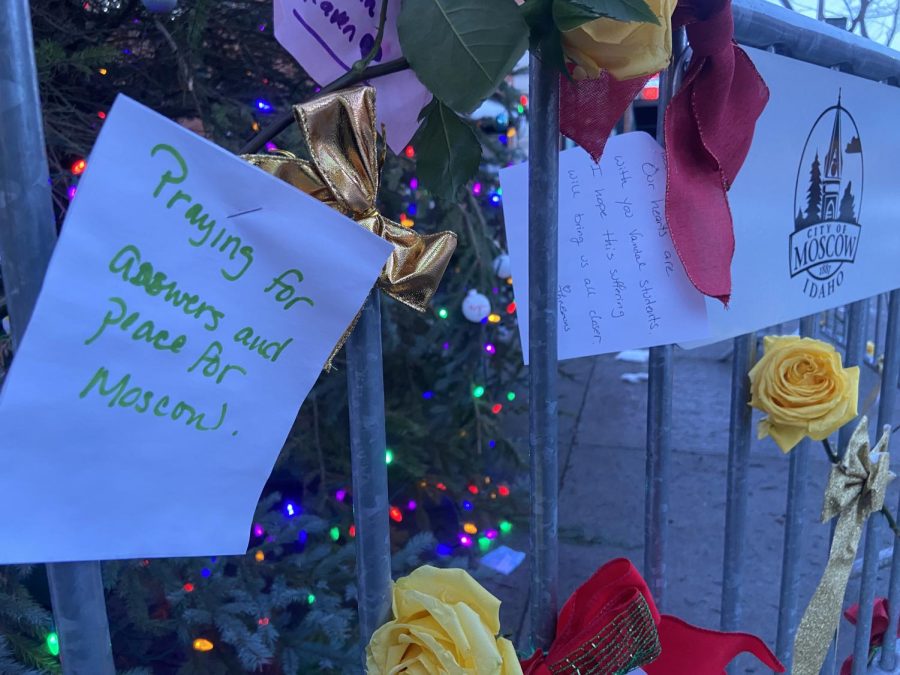 Messages and flowers left at the downtown Moscow Christmas tree, Dec. 9. 