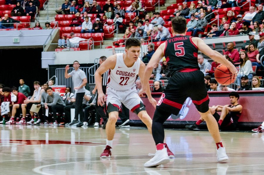 WSU guard Dylan Darling defends against Stanford guard Michael OConnell during a NCAA men’s basketball game against Stanford, Jan 14th.