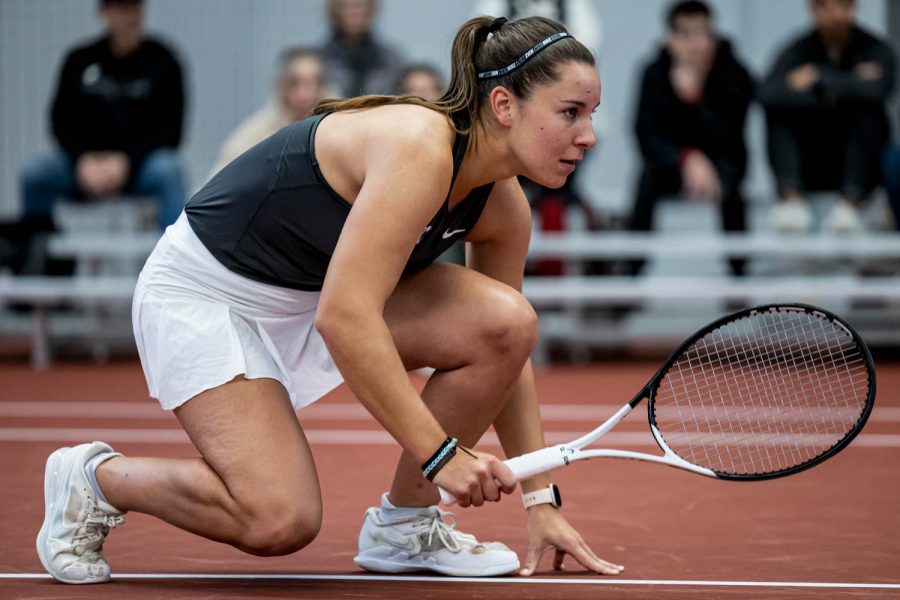 WSU tennis player Eva Alvarez Sande prepares for an incoming serve during an NCAA match against Montana, Jan, 13.