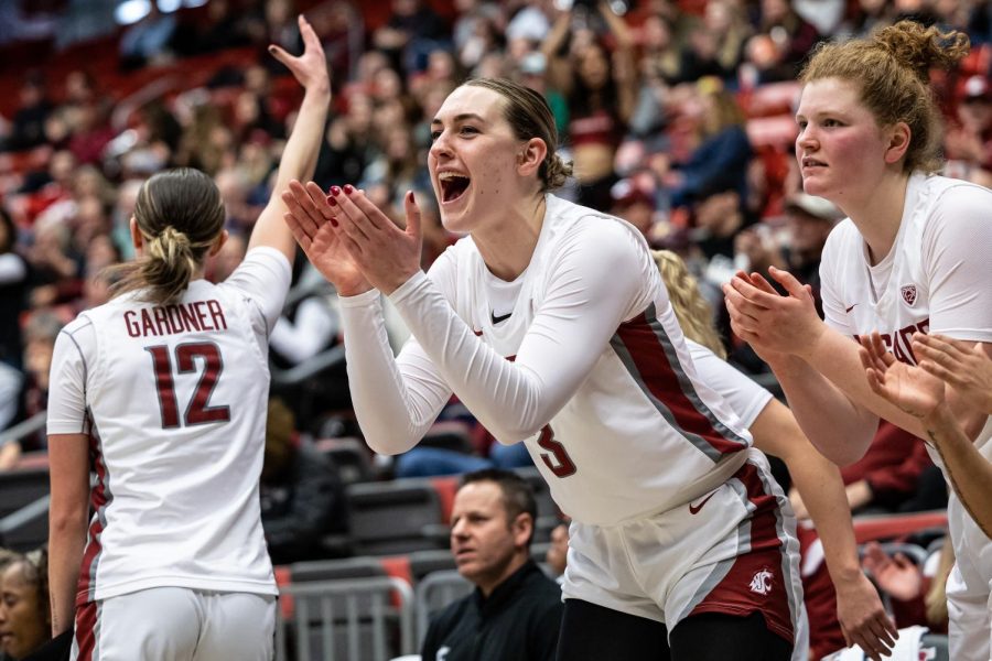 The WSU women’s basketball team celebrates a 3-pointer during an NCAA basketball game against UCLA, Jan. 22.