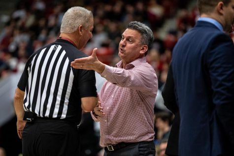 WSU basketball head coach Kyle Smith argues with an official during an NCAA basketball game against Arizona, Jan. 26.