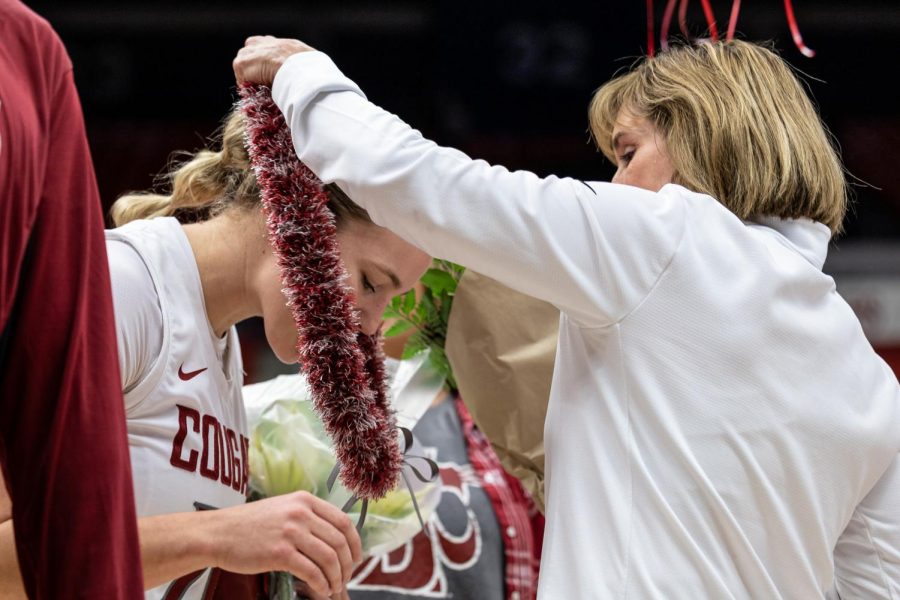 WSU recognizes senior guard Grace Sarver on senior night before an NCAA basketball game against Oregon State, Feb. 19, 2023, in Pullman, Wash.