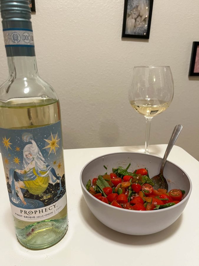 This is the Prophecy Pinot Grigio and the summer tomato herb salad I made with it.