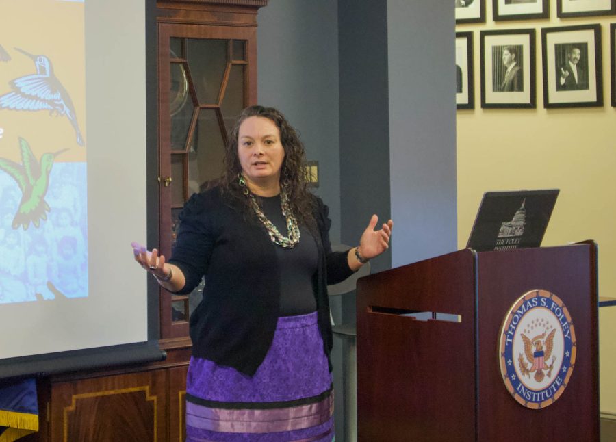 Theresa Sheldon leading Foley Talk:“Truth, Justice, and Healing: Indian boarding schools in the U.S.” on Feb. 9. 