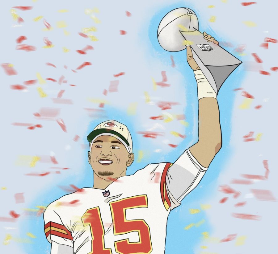 Mahomes holds up his second Super Bowl trophy. He won the his second Super Bowl MVP.