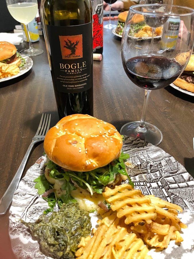 This is the Bogle’s Old Vine Zinfandel and the double smashed cheeseburger I made with my friend, Matteo Cornetto.