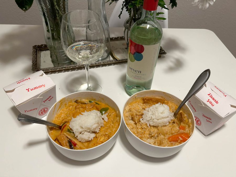 This is the Seven Daughters Moscato and the Thai Ginger red curry.