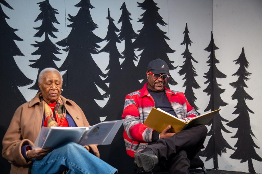 Terry Buffington and her son, Kwasi, rehearsing Born Under Jim Crow: The Eddie Brooks Tapes.