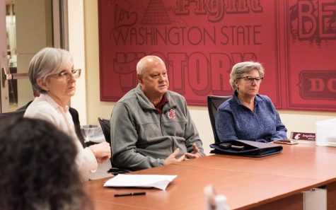 Chancellor Elizabeth Chilton; WSU Police Chief Gary Jenkins; Phil Weiler, WSU vice president of marketing and communications and Ellen Taylor, Vice Chancellor for Student Affairs answered questions from senators on Feb. 22, 2023. 