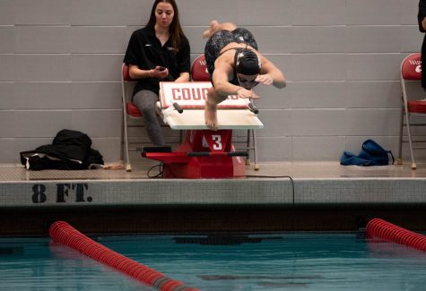 WSU women’s swimmer Angela Di Palo dives into the water during an NCAA women’s swim meet against University of Idaho, Friday, Feb. 3, 2023, in Pullman, Wash.