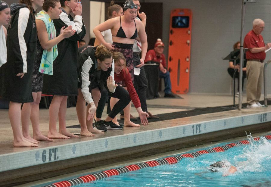WSU women’s swim team encourages one of their teammates during an NCAA women’s swim meet against University of Idaho, Feb 3.