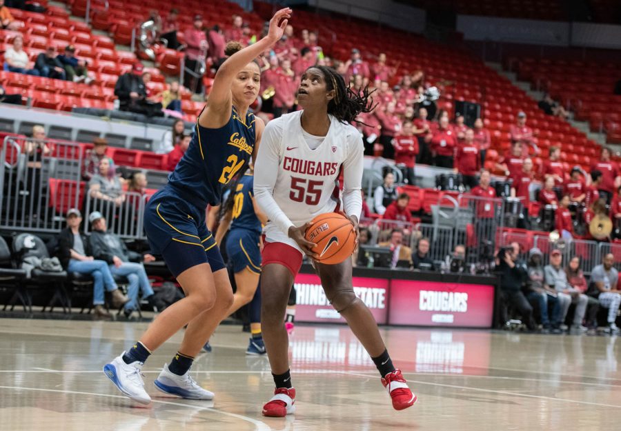 WSU center Bella Murekatete drives to the hoop during an NCAA basketball game against Cal, Sunday, Feb. 5, 2023, in Pullman, Wash.